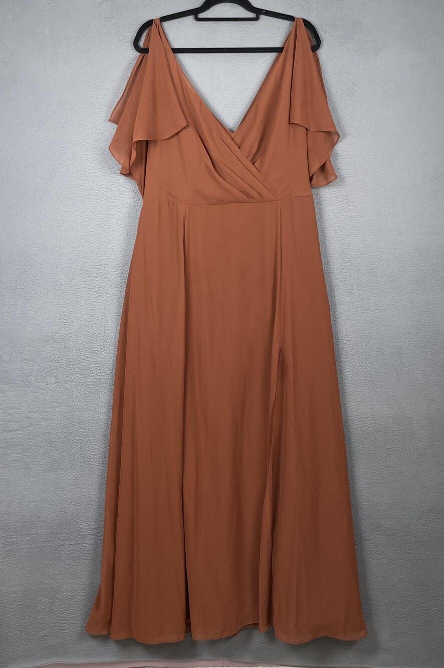 Jenny Yoo Dress Womens 18 Orange Maxi V-Neck Flutter Sleeve Lined Chiffon Formal